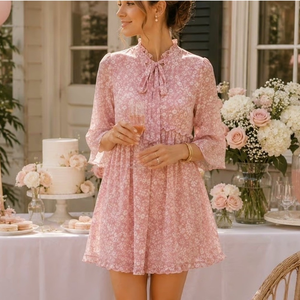 MISA Los Angeles Mini Dress Women S Pink Floral Ruffle Cottagecore Romantic Boho